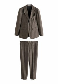 Brown checked suit consisting of a tailored blazer with notch lapels and matching tapered trousers. Fabric has a textured, woven appearance.