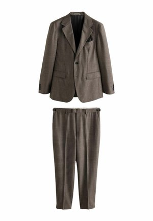 Brown checked suit consisting of a tailored blazer with notch lapels and matching tapered trousers. Fabric has a textured, woven appearance.