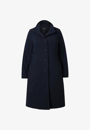 Manteau long bleu marine foncé avec grand col, quatre boutons à l'avant, manches longues et poches latérales.
