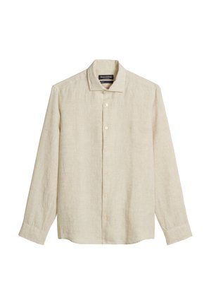 Beige long-sleeve linen shirt with buttons down the front and a classic collar, displayed against a white background.