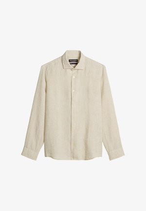 Beige long-sleeve linen shirt with buttons down the front and a classic collar, displayed against a white background.