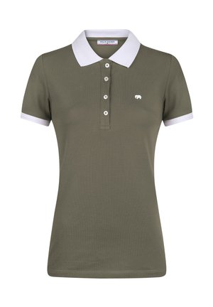 Olivengrøn kortærmet polotrøje med hvid krave og manchetter, knappet åbning og lille hvid elefantlogo på brystet.