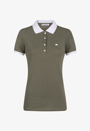 Polo manches courtes vert olive avec col et poignets blancs, patte de boutonnage et petit logo éléphant blanc sur la poitrine.