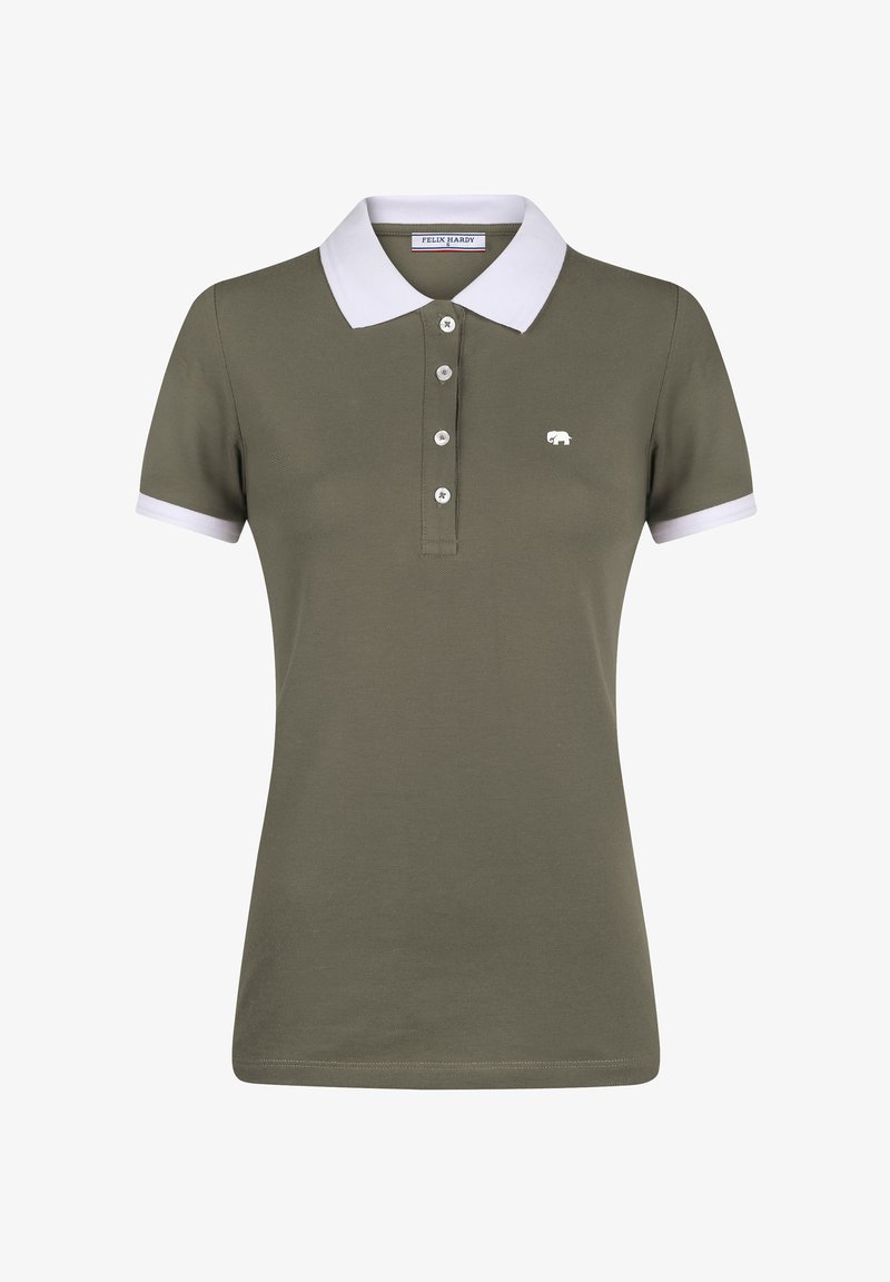 Polo manches courtes vert olive avec col et poignets blancs, patte de boutonnage et petit logo éléphant blanc sur la poitrine.