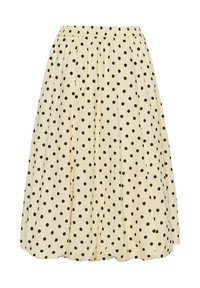 Bézs midi szoknya fekete pöttyökkel, összegyűrt elasztikus derékkal és pliszírozott anyaggal, amely bővülő sziluettet alkot.