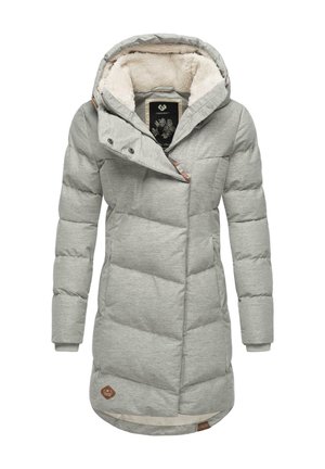 Grijze pufferjack met een capuchon, voorzien van een zachte, beige fleece voering, drukknoopsluiting en een licht getailleerd silhouet. Inclusief een logo patch.