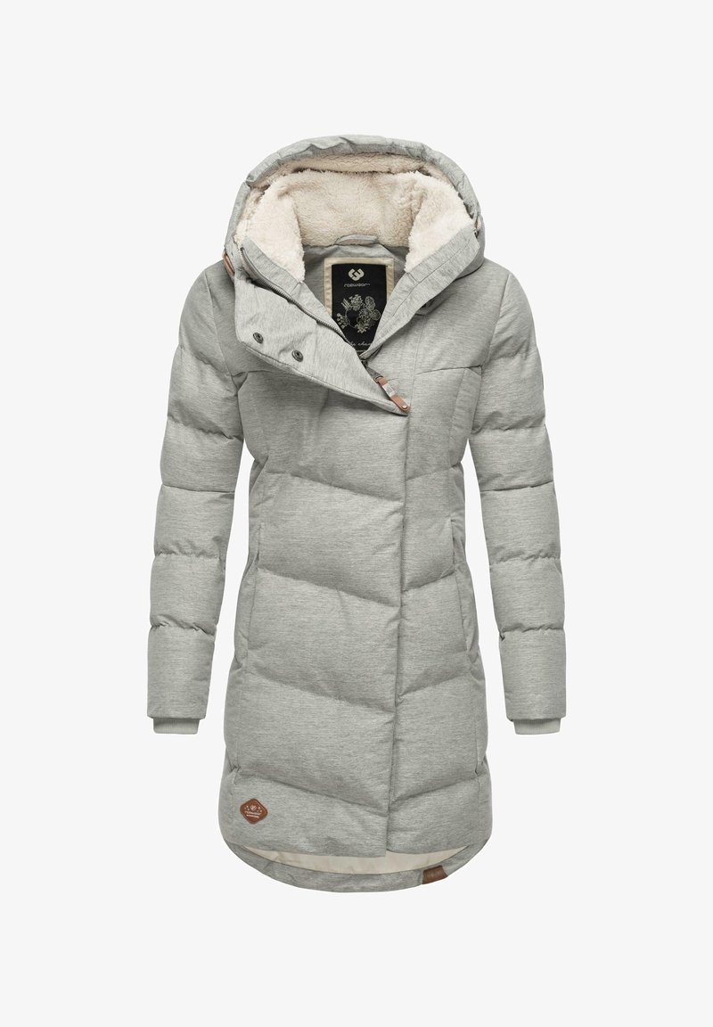 Hall harjas puffer-jope kapuutsiga, millel on pehme beez fliis vooder, nupud ja veidi kitsenev siluett. Kaasas on logo tempel.