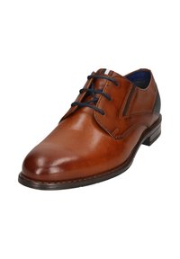 Braunes Lederschuh mit glatter Oberfläche, runder Zehenpartie, dunkelblauen Schnürsenkeln und einem kontrastierenden schwarzen Absatz. Minimalistisches Design mit Nahtdetails.