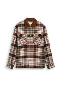 Karierter Flanellhemd mit einem braunen Cordkragen, zwei Brusttaschen und einer Mischung aus weißen, roten, schwarzen und braunen Farben in verschiedenen Mustern.