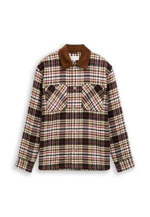 Karierter Flanellhemd mit einem braunen Cordkragen, zwei Brusttaschen und einer Mischung aus weißen, roten, schwarzen und braunen Farben in verschiedenen Mustern.