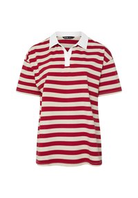 Rot-creme gestreiftes Polohemd mit einem weißen Kragen, ausgestattet mit einer halben Knopfleiste und kurzen Ärmeln, gefertigt aus weichem Baumwollstoff.