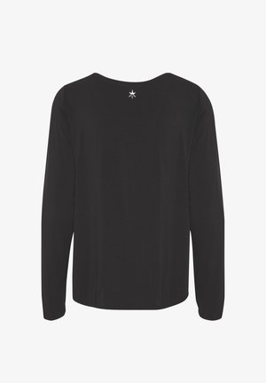 Haut noir à manches longues avec un décolleté rond et un accent étoile en argent au dos, fabriqué à partir d'un tissu doux et lisse.