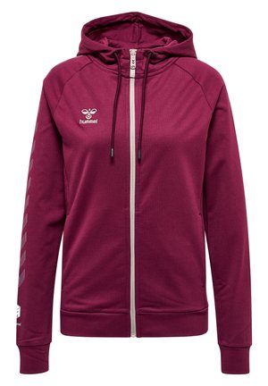 Bordeauxfarbene Zip-Hoodie aus weichem Stoff, mit einer Kapuze mit Kordelzug, gesticktem Logo und diagonalen Streifen an den Ärmeln.