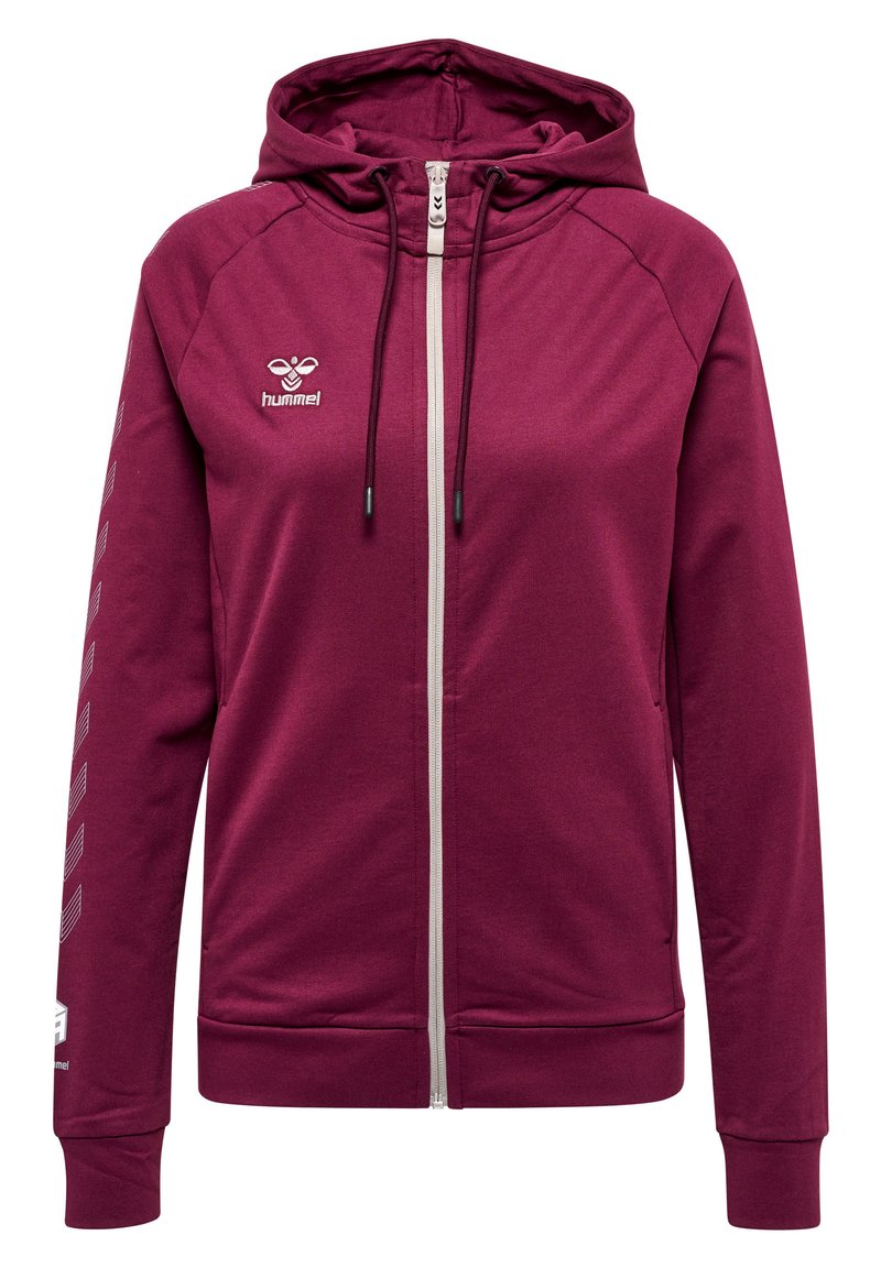 Bordeauxfarbene Zip-Hoodie aus weichem Stoff, mit einer Kapuze mit Kordelzug, gesticktem Logo und diagonalen Streifen an den Ärmeln.