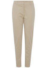 Beige kankaita, jotka on valmistettu sileästä kankaasta, jossa on slim fit -leikkaus, sivutaskut ja litteä etuosasuunnittelu.