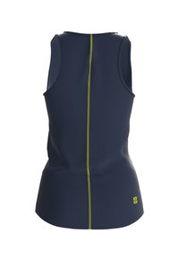 Sleeveless top in dark navy fabric with vertical ribbing and a contrasting light green zipper down the center back. Features a logo near the hem.
