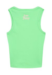 Top verde senza maniche realizzato in tessuto a coste; presenta la scritta rosa "Love Juicy" sul retro. Texture liscia, design aderente.