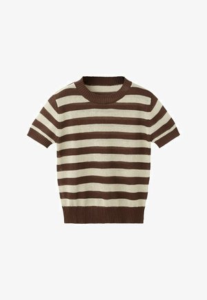 Pulover tricotat cu dungi orizontale maro și bej, cu mâneci scurte, guler, manșete și tiv striați, așezat plat pe un fundal alb.