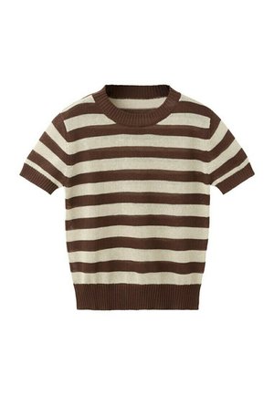 Brown and beige horizontal striped short-sleeve knit sweater with ribbed neckline, cuffs, and hem, laid flat on a white background.