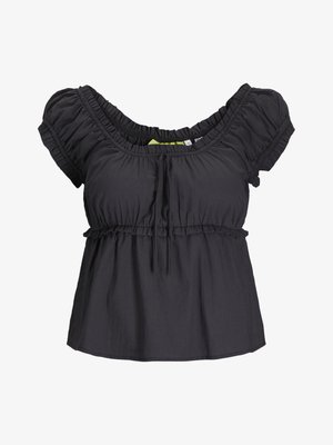 Blouse noire à manches courtes avec un col froncé et une taille élastique. Tissu doux avec une coupe décontractée, présentant un détail de nœud à l'avant.