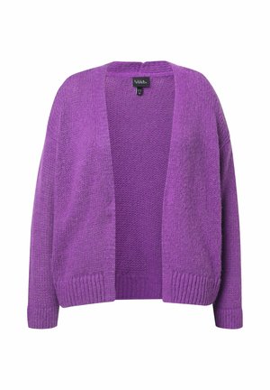 Cardigan viola a maglia aperto davanti, con maniche lunghe e polsini e fondo a coste, mostrato su uno sfondo bianco.