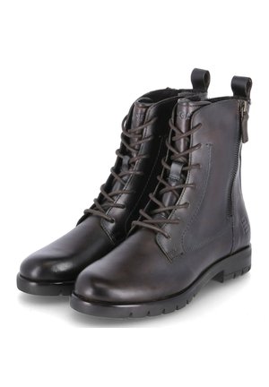 Braune Leder-Stiefeletten mit Schnürung und seitlichem Reißverschluss, mit glatter Textur, runder Zehenpartie und robustem Profilsohle für guten Halt.