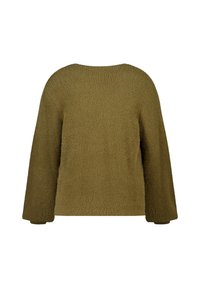 Olijfgroen trui met lange, brede mouwen, een ronde halslijn en een gestructureerde, zachte stof. De achterkant is eenvoudig zonder versieringen.