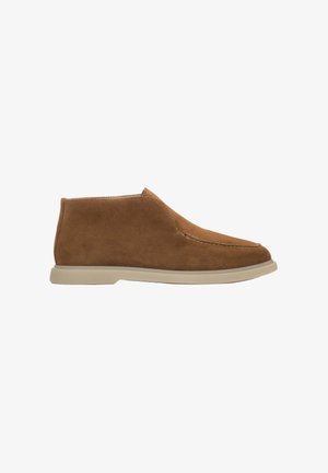 Brown suede ankle boots with a rounded toe, tonal stitching, slip-on design, and a light-colored rubber sole. Smooth texture with minimal accents.