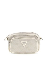 Borsa a tracolla bianca in tessuto con due scomparti con cerniera, caratterizzata da un motivo testurizzato e un accento a logo triangolare sulla parte anteriore.