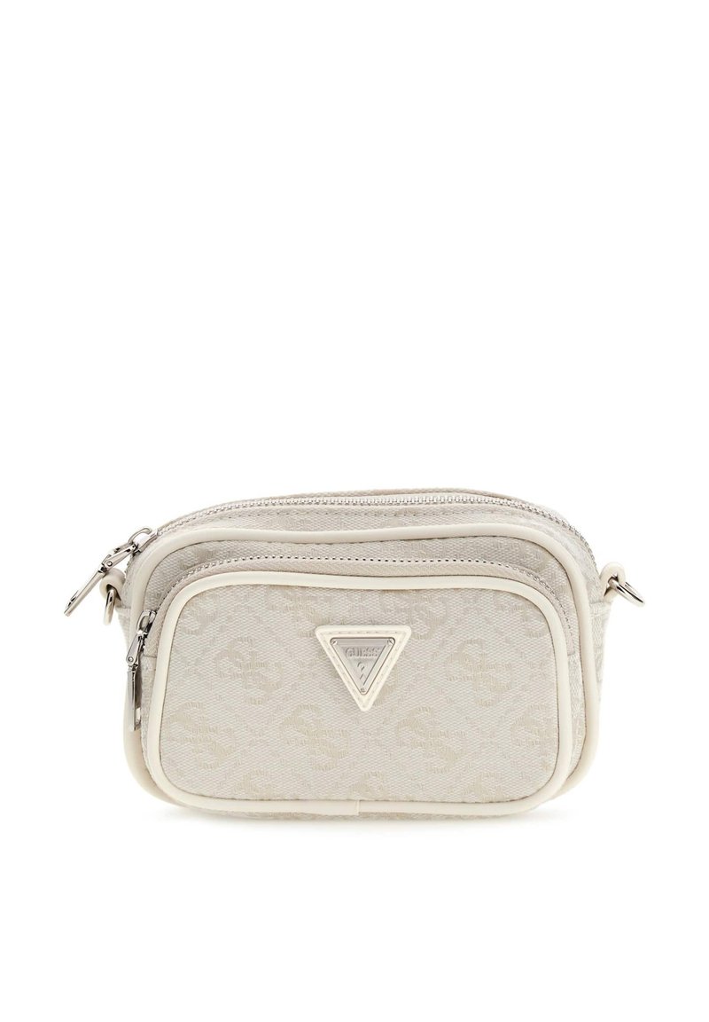 Borsa a tracolla bianca in tessuto con due scomparti con cerniera, caratterizzata da un motivo testurizzato e un accento a logo triangolare sulla parte anteriore.