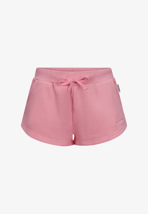 Shorts in cotone rosa con vita regolabile mediante cordoncino, tasche laterali e orlo arrotondato. Presentano un logo discreto vicino alla vita. Texture morbida.
