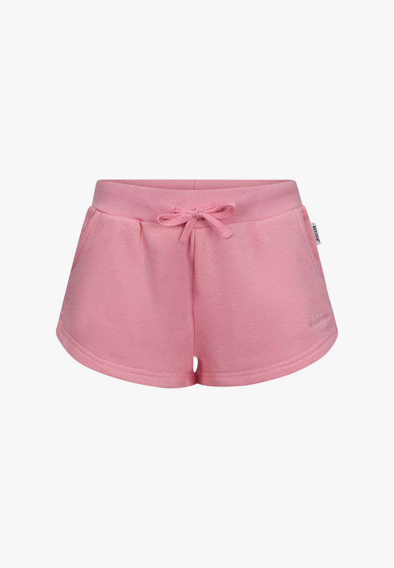 Różowe bawełniane szorty z elastycznym pasem ściąganym sznurkiem, bocznymi kieszeniami i zaokrąglonym dołem. Posiadają subtelne logo w pobliżu pasa. Miękka tekstura.