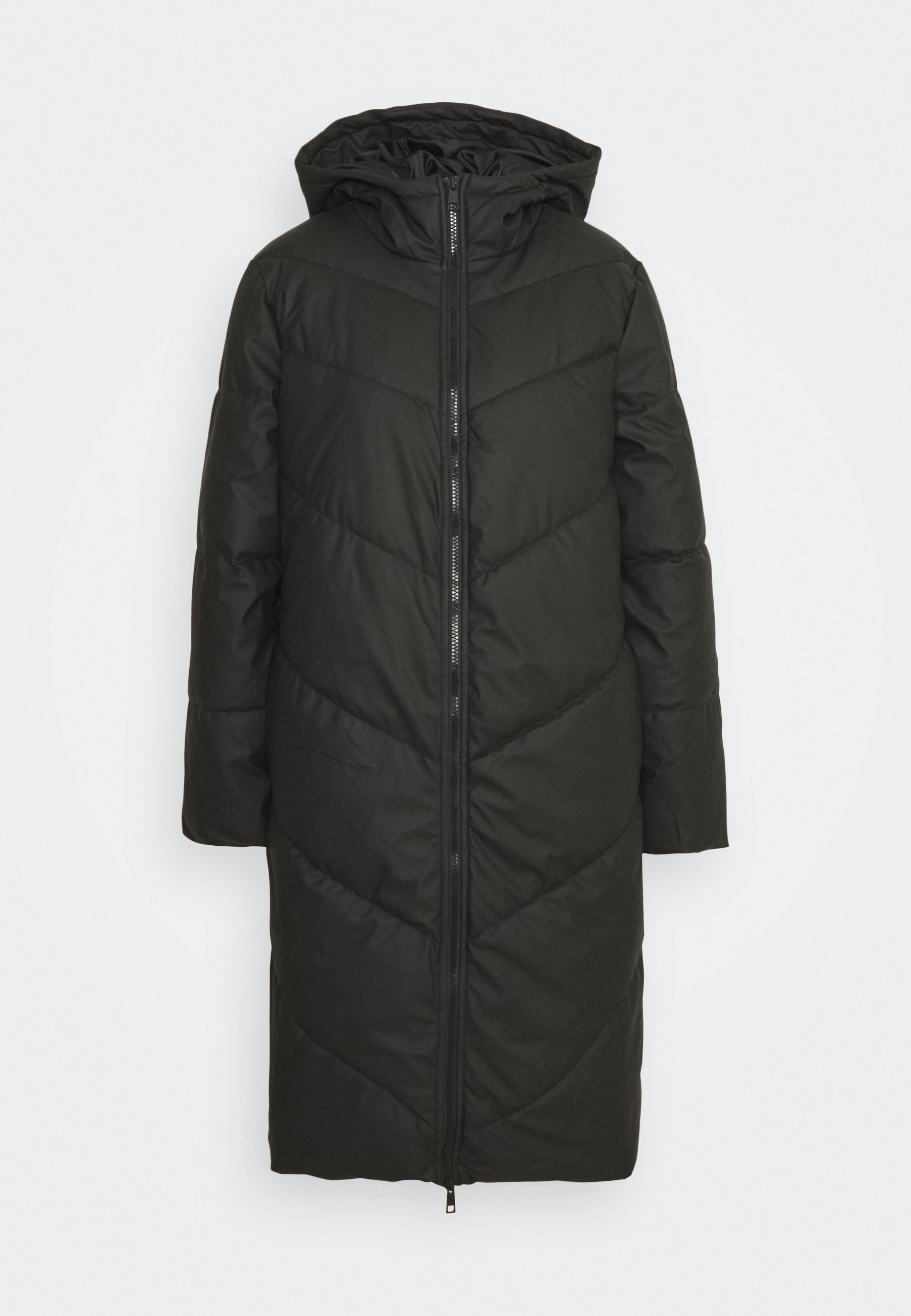 jdy ulrikka water repellent quilted long hooded puffer coat in black