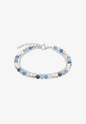Doppelreihiges Armband mit silberner Kette und abwechselnd blauen, grünen, goldfarbenen und silbernen facettierten runden Perlen, gesichert mit einem Karabinerverschluss.