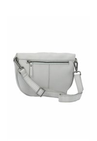 Borsa a tracolla in pelle grigia chiara con tasca frontale con zip, cinturino regolabile e texture liscia. Forma arrotondata con dettagli di cucitura discreti.
