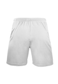 Pantalones cortos deportivos blancos hechos de tejido ligero, con una cintura elástica y una textura suave sin patrones ni acentos visibles.