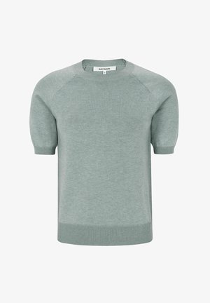 Pulover verde deschis cu mâneci scurte, guler rotund, tiv striat și textură netedă. Are mâneci raglan și un model subtil de tricotat.