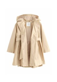 Chaqueta beige ligera con capucha, mangas largas, cintura ajustada, dos bolsillos frontales y un dobladillo ligeramente acampanado, fabricada con tela suave.