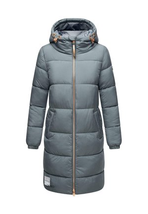 Manteau long rembourré en gris muted, avec une capuche, fermeture éclair avec quincaillerie dorée, poches latérales et poignets côtelés pour plus de chaleur.