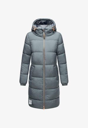 Manteau long rembourré en gris muted, avec une capuche, fermeture éclair avec quincaillerie dorée, poches latérales et poignets côtelés pour plus de chaleur.