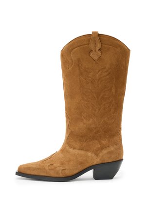 Stivaletto da cowboy in suede marrone con punta affusolata, bordo superiore curvo, cuciture decorative e tacco basso impilato. La superficie testurizzata presenta motivi floreali.