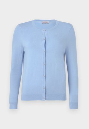 Hellblauer Strickcardigan mit rundem Halsausschnitt, langen Ärmeln und sieben perlenähnlichen Knöpfen vorne, das Etikett trägt die Aufschrift "Anna Field".