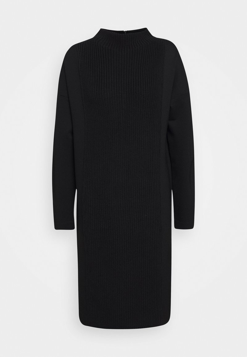 Robe midi noire à manches longues avec un panneau tricoté texturé au centre devant et un col montant.
