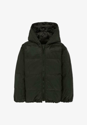 Giacca a vento nera con cappuccio, dotata di cerniera frontale e polsini elasticizzati. Tessuto liscio con motivo trapuntato per l'isolamento termico.