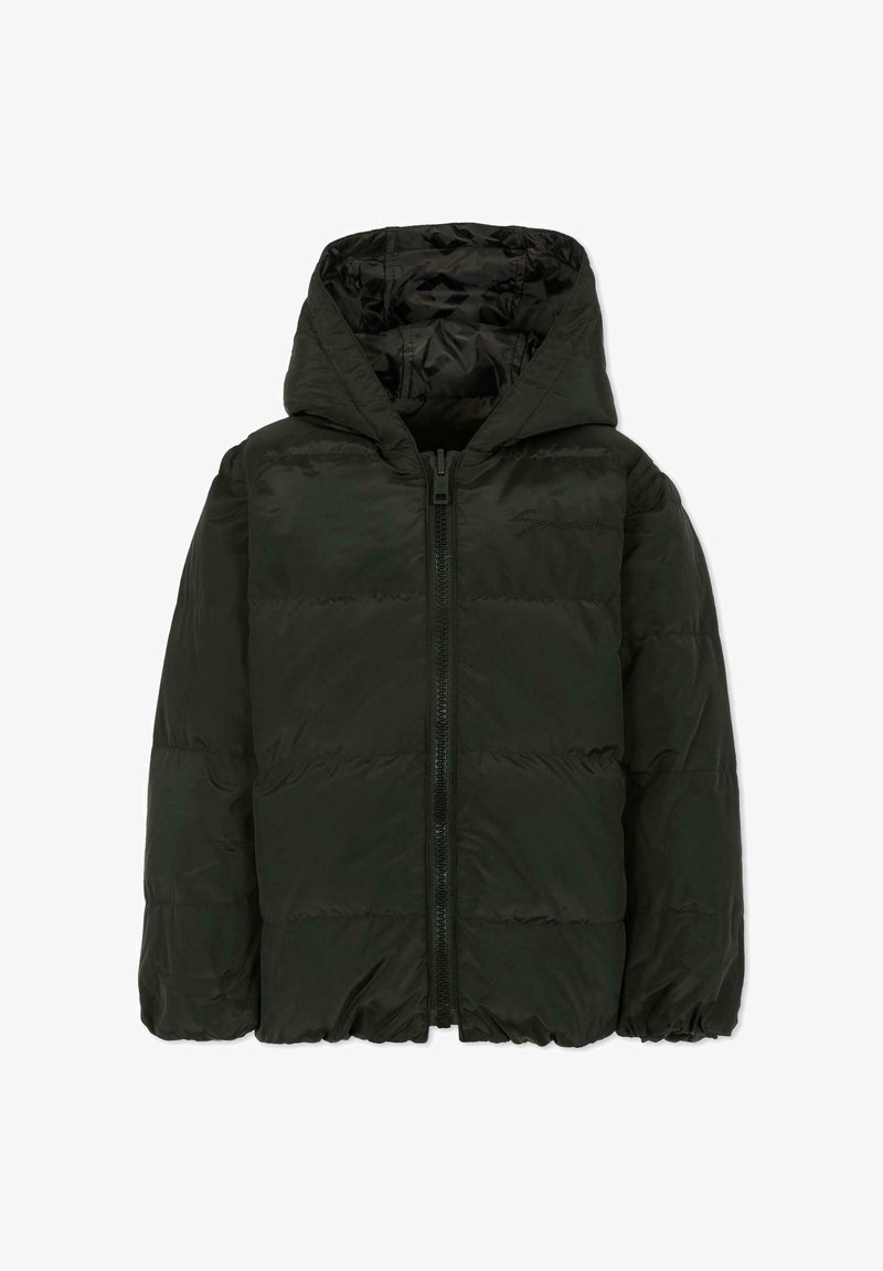 Giacca a vento nera con cappuccio, dotata di cerniera frontale e polsini elasticizzati. Tessuto liscio con motivo trapuntato per l'isolamento termico.