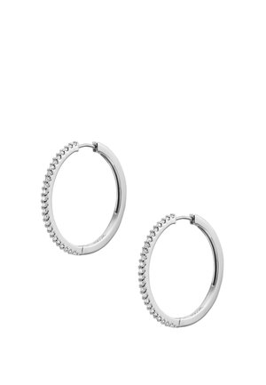 Boucles d'oreilles en argent avec une finition polie, présentant une rangée de petites cristaux transparents le long d'un côté et un fermoir à charnière.