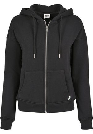 Schwarze Reißverschluss-Hoodie aus Baumwollmischung, mit Kapuze, Kordeln, Fronttaschen und gerippten Bündchen und Saum. Silberne Reißverschlussakzente.
