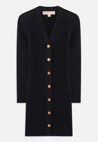 Long black ribbed cardigan with a V-neck, featuring golden buttons down the front and long sleeves. Soft texture, tailored fit.