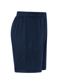 Shorts de sport navy en tissu respirant, dotés d'une taille élastique, de poches latérales et d'une texture lisse avec un design uni.