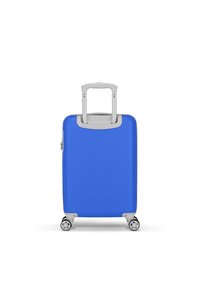 Hard-shell suitcase in bright blue with a textured finish, gray telescopic handle, and four wheels for mobility, featuring a zipper closure.